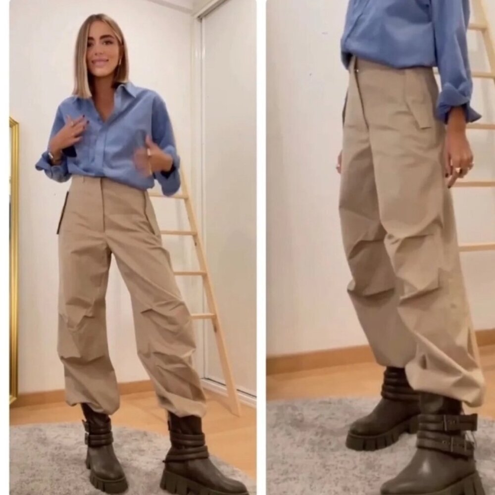 Zara Hi Rise Khaki Parachute Baggy Pants Size Med